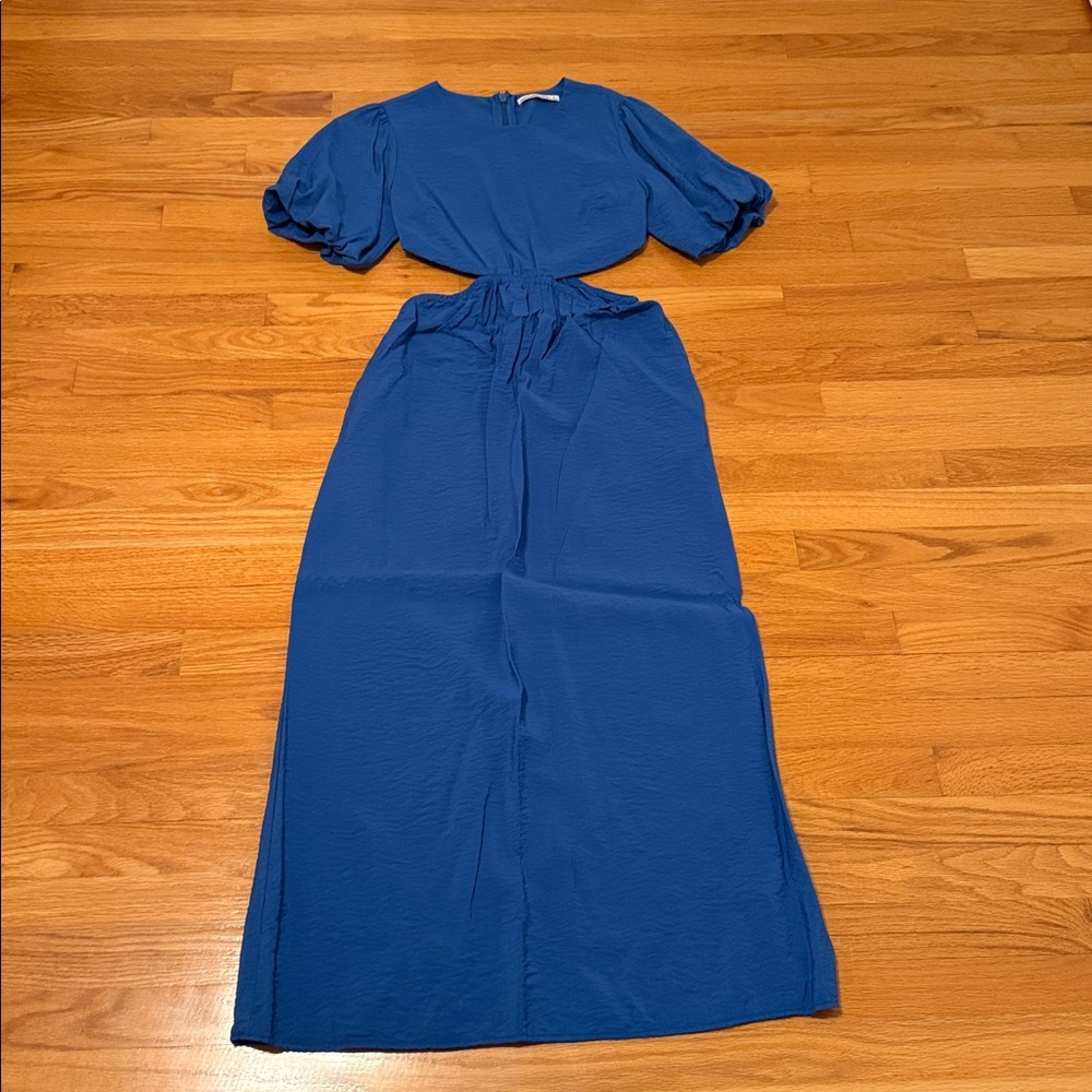 Abercrombie & Fitch Royal Blue Midi Dress with side cutouts and puffy sleeves.